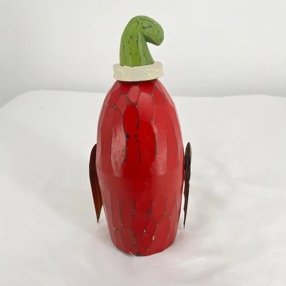 Whimsical Red & Green Owl‎ Wooden  Christmas Decoration With Santa Hat